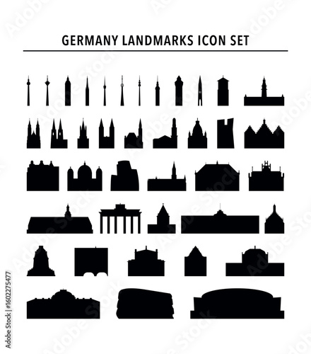 Germany landmarks, famous buildings vector icon collection. Isolated black and white clip art, badge of tower, cathedral, bridge contours. Pack for web design, infographics