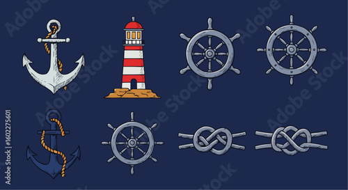 Nautical themed illustration featuring anchors, a lighthouse, ship wheels, and knots, arranged on a dark blue background.