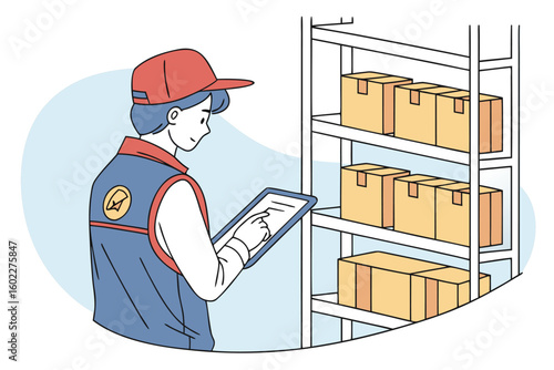 Warehouse worker scanning items on a tablet next to shelves stacked with cardboard boxes during daytime