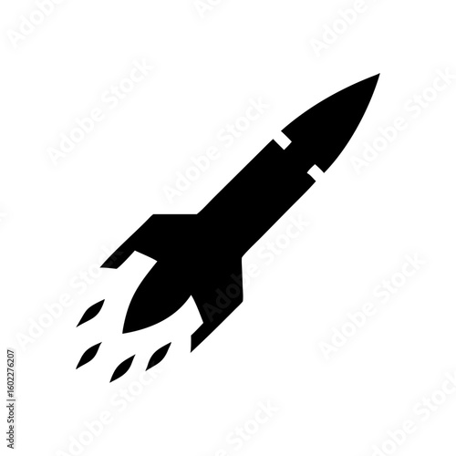 Black silhouette of a missile in flight with flame tail. Represents long-range attacks, strikes, or ballistic weaponry.
