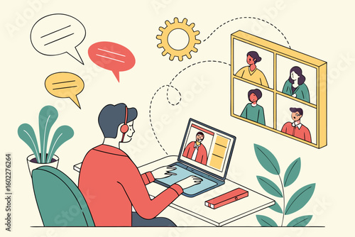 Professional virtual meeting with multiple participants on a laptop, showcasing online collaboration and communication in a modern workspace