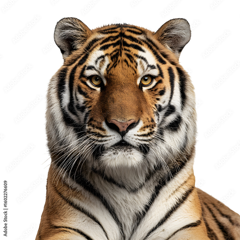 Fototapeta premium Head-on view of a tiger sitting upright with intense stare and dramatic shadowing and isolated white background Batch realistic clean bright simple modern stock image isolated on plain background f