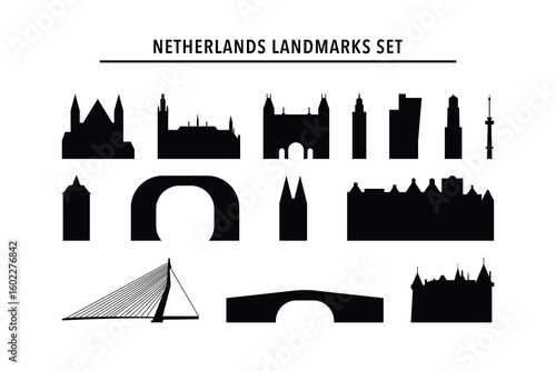 Nethelands landmarks, famous buildings vector icon collection. Isolated black and white clip art, badge of tower, cathedral, bridge contours. Pack for web design, infographics