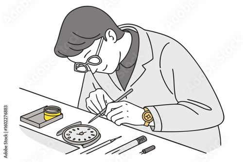 Watchmaker repairs a vintage timepiece in a workshop during the day using precision tools and techniques for restoration