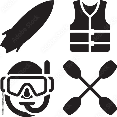 Water sports equipment icons surfboard snorkel mask life vest paddles