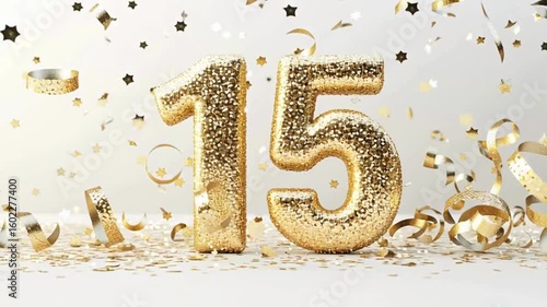 Golden Glittery Number Fifteen with Confetti and Celebration Vibe