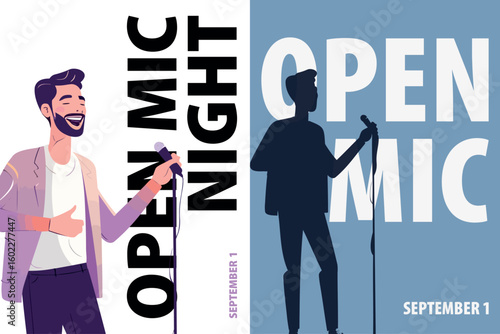 Open Mic event poster pack. Vector illustrations with male silhouette with microphone for placard, social media, event announcement, brochure in minimalist style