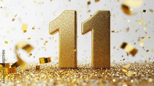 Golden number eleven with sparkling confetti for celebration theme