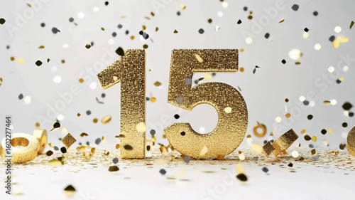 Golden Number Fifteen with Glitter and Confetti for Celebration