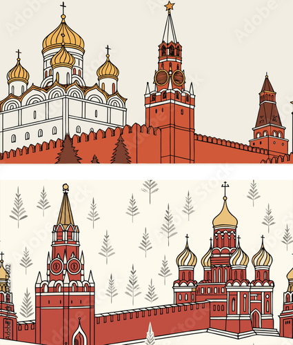 Moscow landmarks illustration with Red Square, Kremlin, St. Basil's Cathedral. Russian architecture vector drawing. Tourist attraction. Sightseeing tour concept. Historical buildings