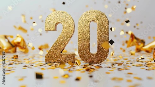 Golden Celebration Number Twenty with Confetti and Streamers Background