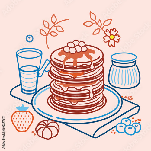 Cartoon pancake stack with toppings and drinks illustration. Cute breakfast scene with strawberry and blueberry. Line art doodle for menu or recipe book design