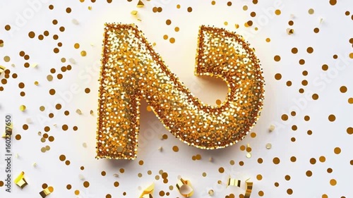 Shimmering Golden Number Two with Confetti on White Background