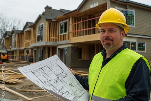 A construction worker wearing a yellow hard hat and a green vest holds a blueprint in front of a building under construction.