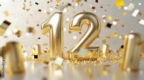 Golden Number Twelve with Confetti for Celebration and Events