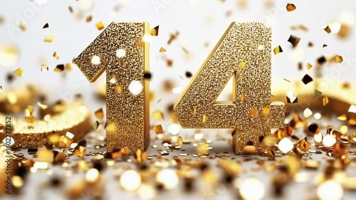 Golden Number Fourteen with Sparkles and Confetti on Background