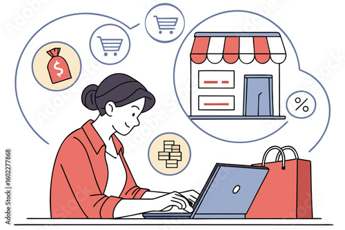 Online shopping experience with cart options and promotional offers depicted by a woman engaged with her laptop