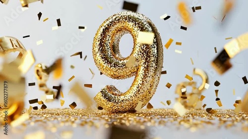 Glittering Gold Number Nine with Confetti on Bright Background