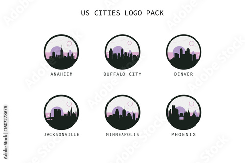 American cities skyline, panoramic logos set. USA cityscape contour badge pack, isolated vector vista of Anaheim, Buffalo, Denver, Jacksonville, Phoenix, Minneapolis