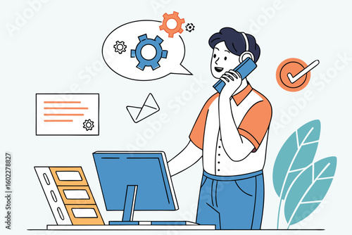Customer service representative assists clients over the phone while managing tasks at a desk with a computer, notes, and visual aids in a workspace setting