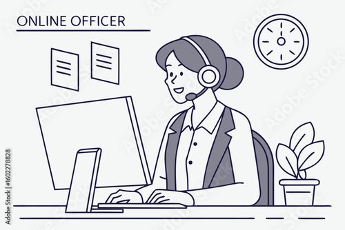 Professional online officer assisting customers at a workstation during regular office hours with modern equipment and a plant nearby