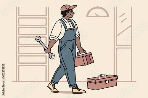 Friendly worker in overalls carrying tools and a wrench while walking through a well-lit workshop during daytime