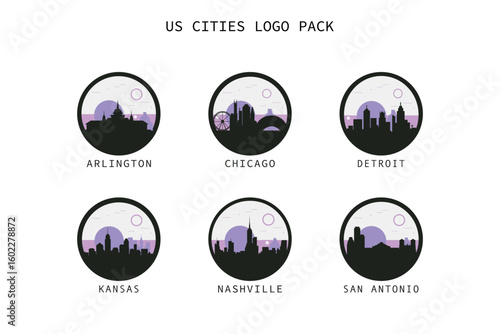 American cities skyline, panoramic logos set. USA cityscape contour badge pack, isolated vector vista of Arlington, Chicago, Detroit, Kansas, Nashville, San Antonio