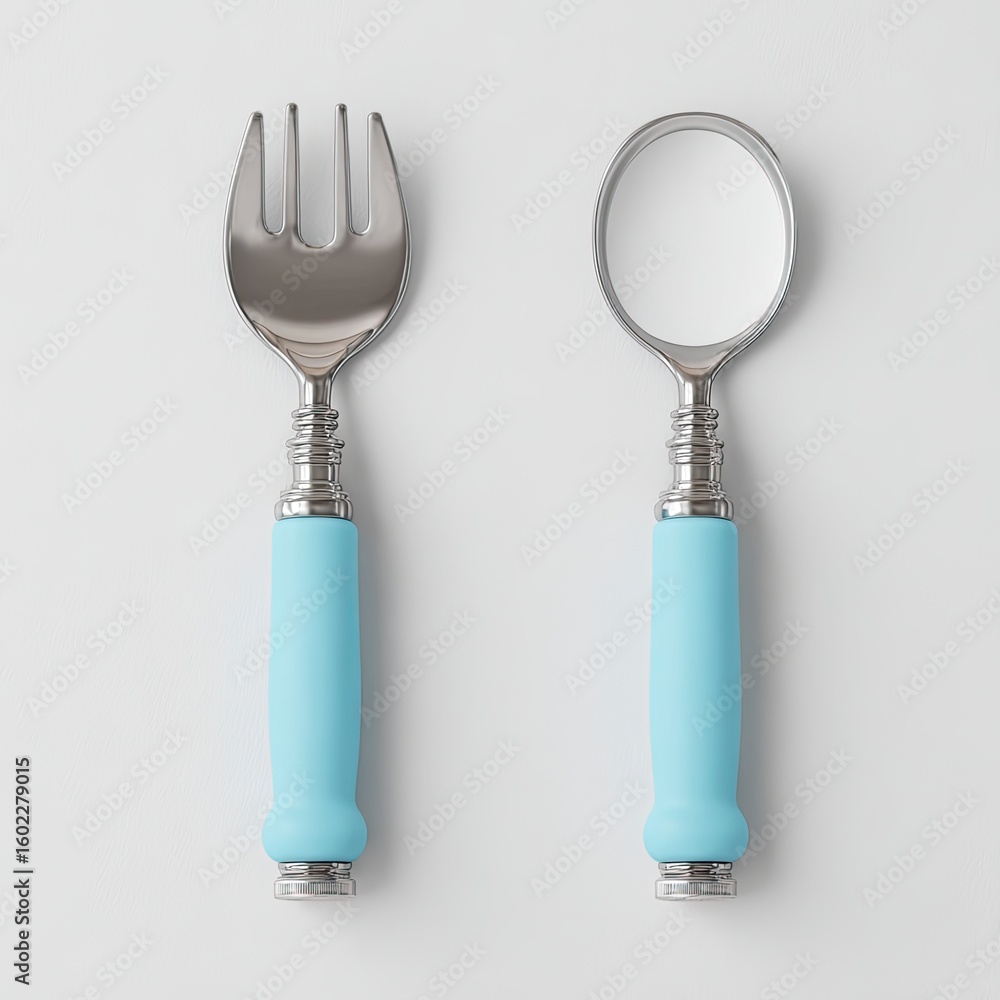 Fototapeta premium Light teal-colored handles on a fork and spoon set