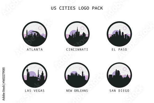 American cities skyline, panoramic logos set. USA cityscape contour badge pack, isolated vector vista of Atlanta, Cincinnati, El Paso, Las Vegas, New Orleans, San Diego