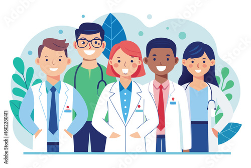 Group of diverse healthcare professionals smiling together in front of greenery, promoting teamwork and unity in the medical field