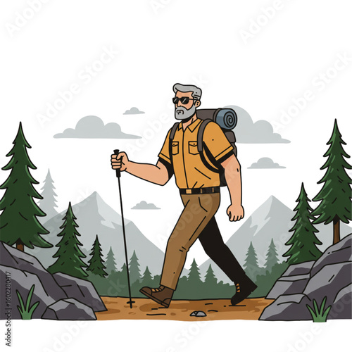Senior man hiking with backpack and trekking pole in mountain landscape adventure