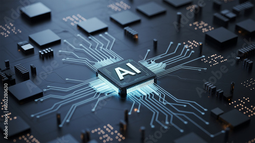 Closeup view of a computer circuit board with electronic components and microchip parts