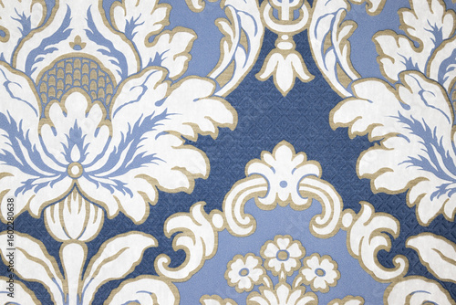 Royal Blue and Gold Damask Wallpaper Pattern. Elegant White Baroque Floral Background