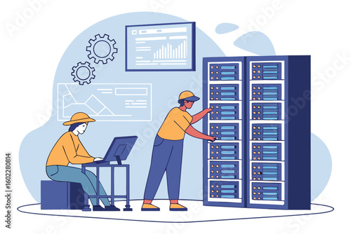 Data center operations with technicians managing servers and monitoring systems during work hours