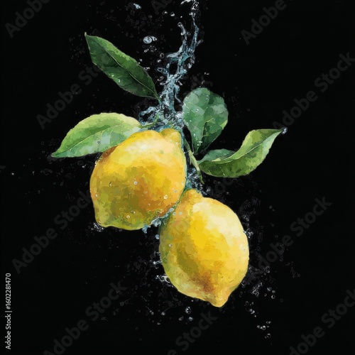 lemons falling into the water water splashes black solid background illustration small details 8k