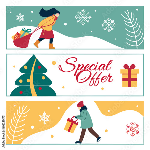 Illustration of three winter themed banners featuring a woman pulling gifts, a christmas tree and special offer
