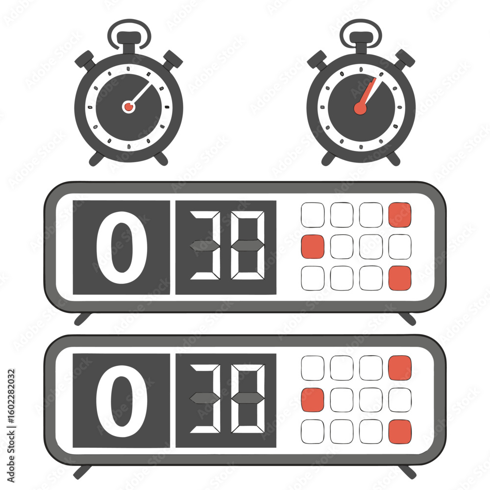 Fototapeta premium Illustration of two analog clocks and two digital scoreboards displaying the number thirty eight