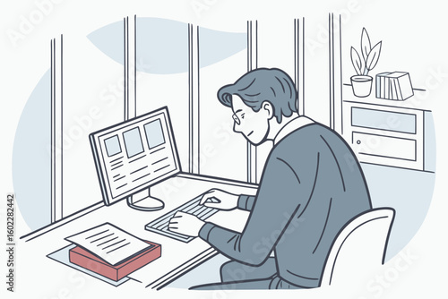 Man working on a computer in a modern office setting during the daytime, focusing on digital tasks and productivity while surrounded by minimalistic decor