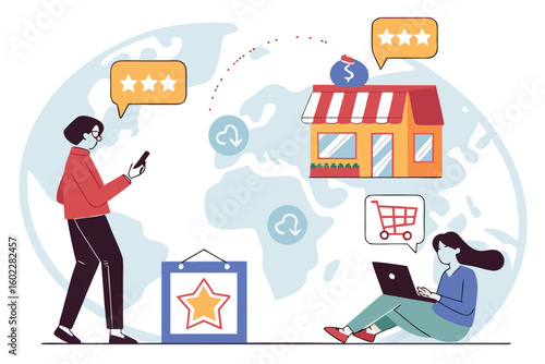 Illustration showing online shopping experience with customer reviews and delivery from a local store across the globe