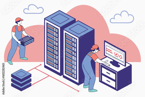 Team members work on data center maintenance, managing equipment and monitoring systems during a routine operational check