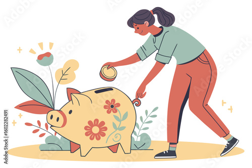 Young woman saving coins in a piggy bank while surrounded by vibrant plants and flowers, emphasizing financial habits and personal savings at home