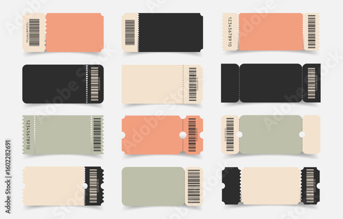Set realistic empty mockups tickets with barcodes for cinema, theater, events, transport or boarding airplane, vouchers and coupons for shops. Colored vector tickets template for your text.
