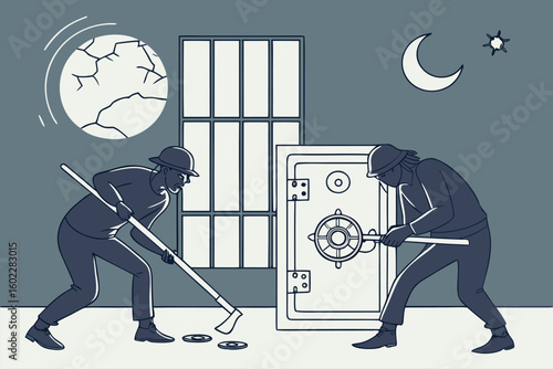 Two robbers attempt a safe heist under moonlight in a dimly lit old building during the night
