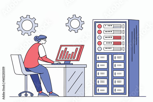 Professional working at a desk with computer, monitoring data and operating servers in a modern technology environment