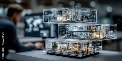 Fototapeta Naklejka Na Ścianę i Meble -  Engineer inspects a building structure projected through 3D holographic technology, ensuring precision and safety in every detail