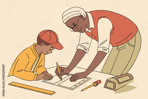 Grandparent teaches grandchild how to draw and plan projects at a table with tools and paper in a warm and inviting workspace