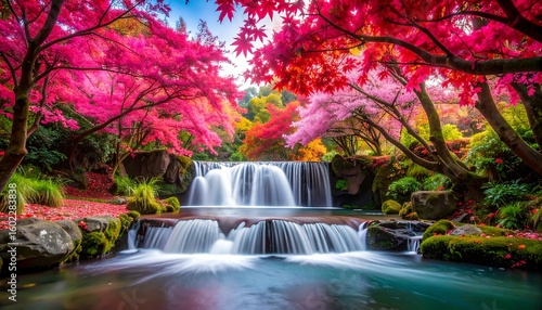Vibrant Autumn Waterfall Garden