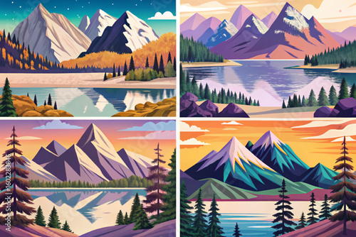 illustration set of Snow covered Andes mountains and lake and pine trees