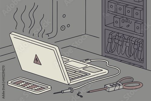 Laptop overheating on a workbench in a cluttered workshop with tools and cables scattered around during a busy afternoon