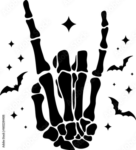 Black and white vector illustration of a skeleton hand surrounded by flying bats and stars, spooky Halloween line art with mystical and eerie atmosphere for themed decor and crafts